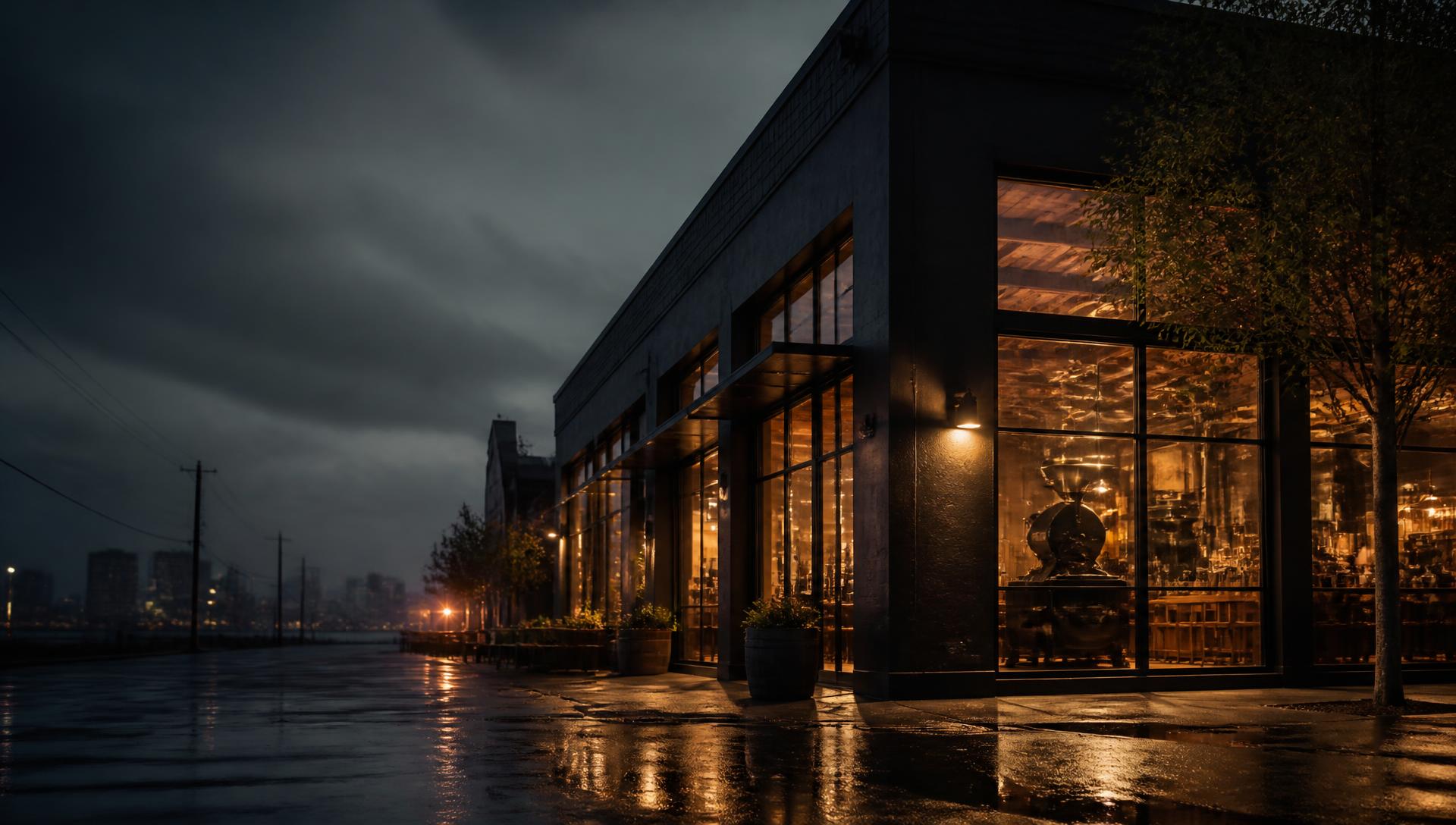 Meridian Roast roastery glowing at dusk